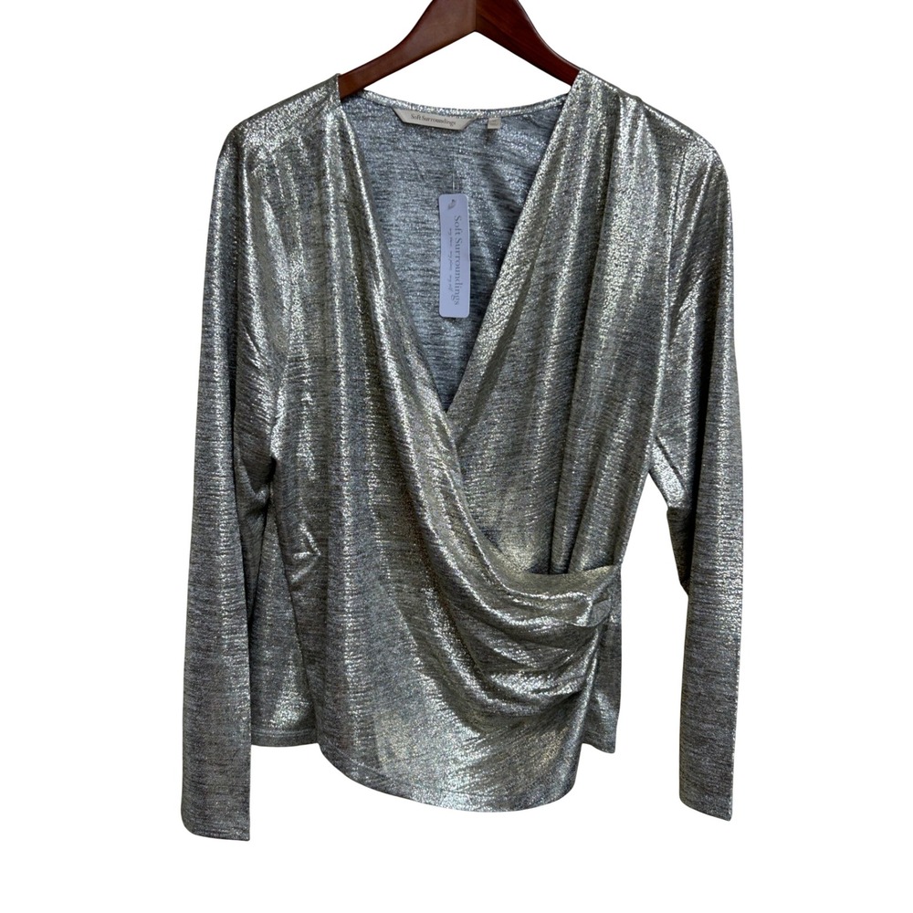 NWT Soft Surroundings Stella Top XL Neutral Foil Silver Metallic Wrap Blouse